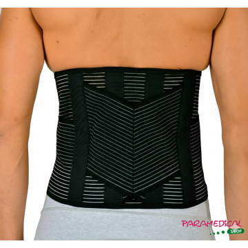 Vista posteriore del corsetto nero con rinforzi a incrocio per la schiena - ParamedicalShop